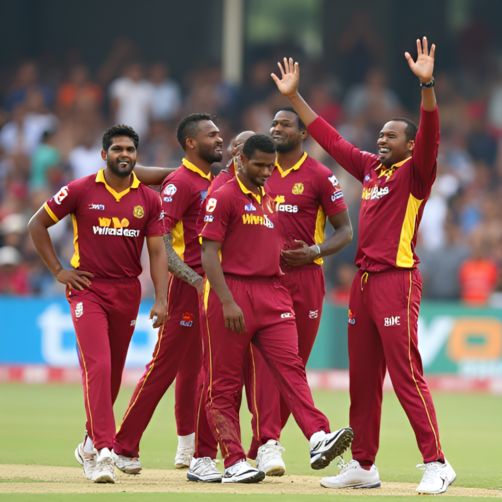 A montage or series of action shots showcasing Gudakesh Motie celebrating wickets or making a key play on the cricket field, highlighting his impact during matches for West Indies or Guyana Amazon Warriors.